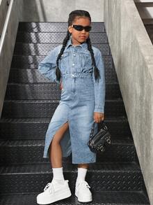 Sparklyn Girls' New Blue Washed Denim Dress With Front & Back Slits, Casual Fitted Style, Suitable For Daily Wear, Minimalist & Fashionable Design - Light Wash - View 8