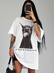 INAWLY Solva Women Plus Size Hip Hop Style Dog Graphic Print T-Shirt - White - View 1
