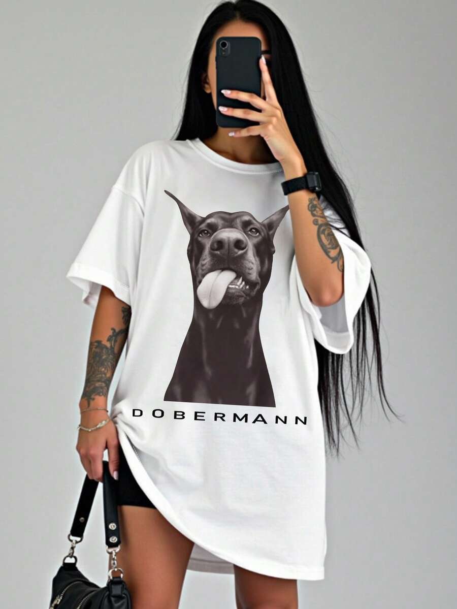 INAWLY Solva Women Plus Size Hip Hop Style Dog Graphic Print T-Shirt - White - View 1