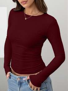 INAWLY Women Summer Burgundy Casual Slim-Fitting Long-Sleeved Top,Fall Winter Everyday Comfortable Versatile Style Suitable For School, And Commuting - White - View 3