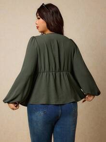 Elaquor Plus Size Elegant Casual Floral Patchwork V-Neck A-Line Green Women Blouse, Suitable For All Seasons