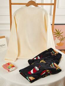 Teenage Boys' Popular French Fries Embroidered Long Sleeve Top Paired With Black Background Hamburger, French Fries, Soda Element Pattern Plush Long Pants Casual Pajama Set, Suitable For Autumn/Winter