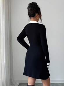 Rafferiza 法式复古优雅休闲简约通勤商务休闲女装秋冬女装黑白撞色白色小翻领衬衫领小喇叭袖撞色条纹A字喇叭裙收腰短款长袖度假风女装毛衣连衣裙 - 黑與白 - 查看 2