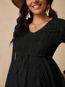Boho Mama Maternity Casual Solid Color Textured Drawstring Waist T-Shirt - Black - View 7