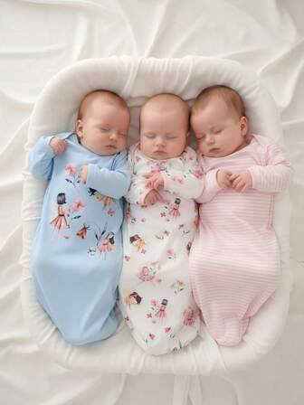 3件套新生儿简约时尚可爱卡通印花长袖长裙睡衣