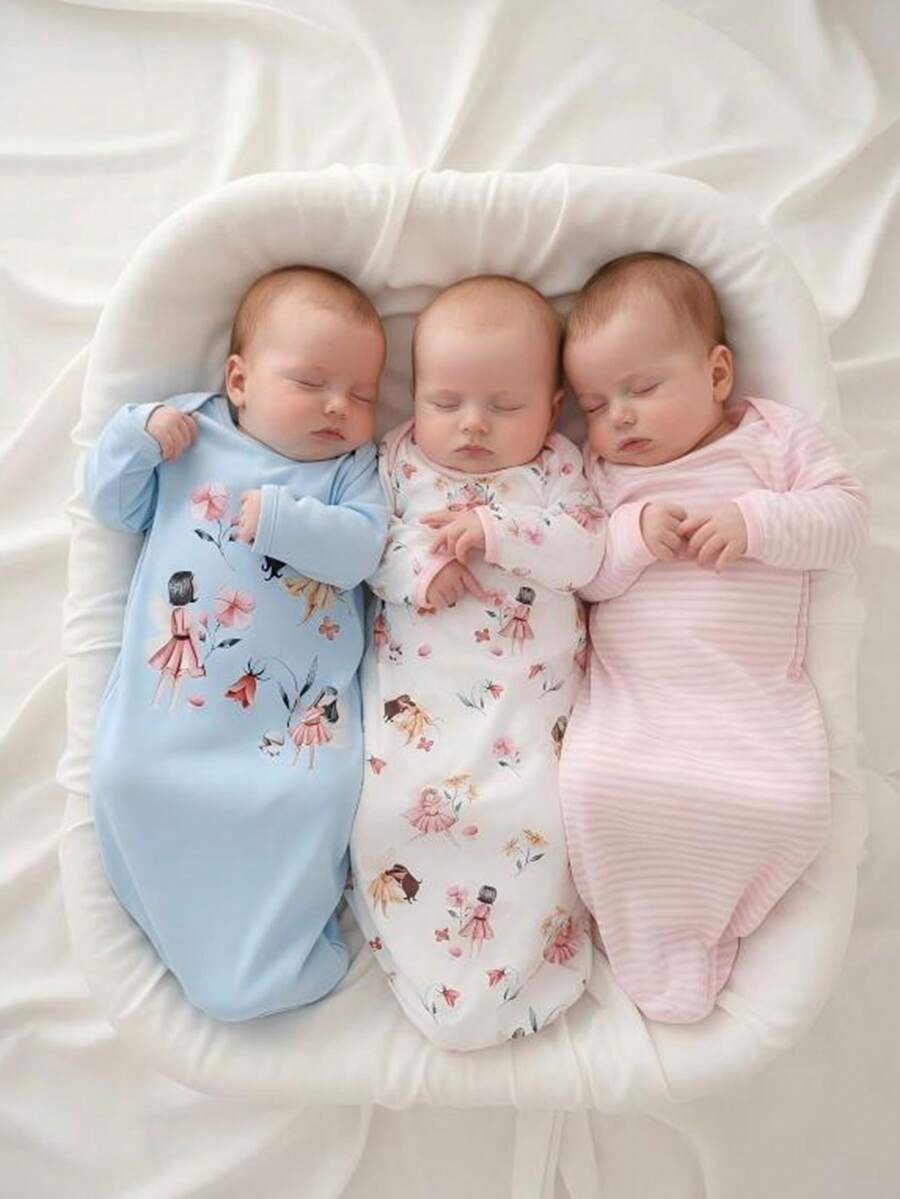 3pcs Set Newborn Simple Fashion Cute Cartoon Print Long Sleeve Long Dress Sleepwear - Multicolor - View 1