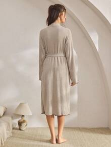 Ocili 柔软绒面系带睡袍，驼色女士睡袍，适合秋冬季节，舒适保暖 - 卡其色 - 查看 3