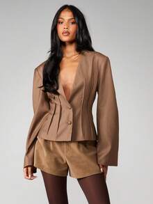 MISSGUIDED Áo khoác blazer nữ có chi tiết xếp ly cài nút phía trước, trang phục công sở chính thức mùa thu đông - màu nâu - Xem 1