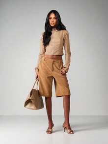 MISSGUIDED 女士麂皮阔腿百慕大短裤 - 高腰夏季节日休闲装 - 棕色 - 查看 1