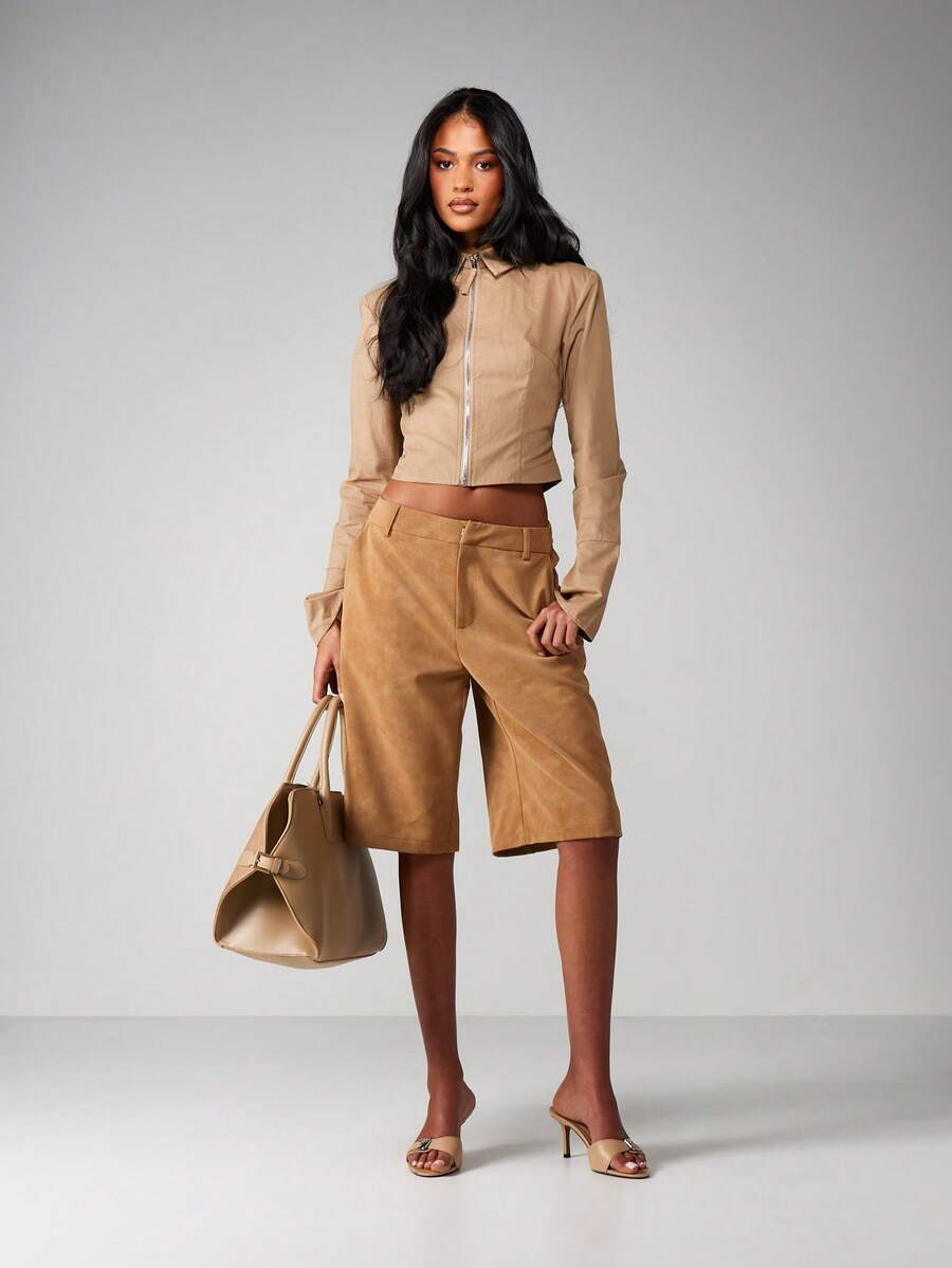 MISSGUIDED 女士麂皮阔腿百慕大短裤 - 高腰夏季节日休闲装 - 棕色 - 查看 1