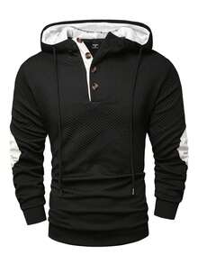 Manfinity Homme 男士纽扣半开襟长袖抽绳休闲连帽衫 - 黑色 - 查看 5