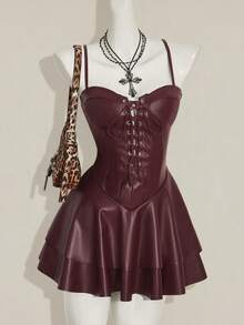 SHEIN ICON 女士Y2K时尚性感夜店派对节日装扮Y2K夜店风露背PU皮迷你吊带裙，黑色 - 酒紅色 - 查看 4