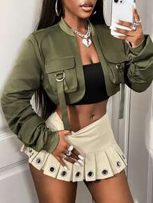 BamGleam Áo khoác lửng tay dài gợi cảm thường ngày cho nữ, Thu/Đông - xanh quân đội - Xem 5