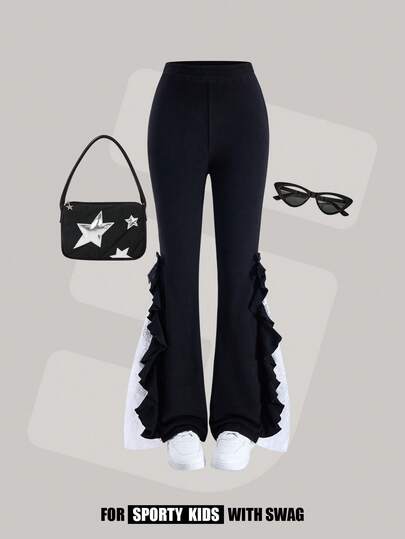 JNSQ 秋冬哥特复古优雅荷叶边蕾丝拼色喇叭裤，适合青少年女孩日常穿着、户外活动、度假、街头服饰、派对和休闲