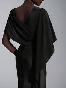 Elitara Elegant Luxurious Navy Blue Satin Ruffle Sleeve Sexy Slit Fishtail Bridesmaid Dress - Black - View 2