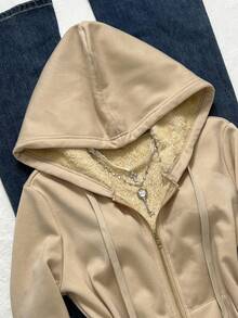 Elamini 女士合身复古风格针织弹力连帽羊毛运动衫，带口袋 - 杏色 - 查看 5