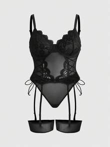 ROMWE Goth 4件套加大码蕾丝拼接网纱抽绳设计钢圈性感内衣套装 - 黑色 - 查看 1