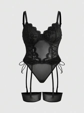 Goth 4 pièces Ensemble de lingerie sexy avec patchwork en dentelle, design à cordon de serrage et armatures, grande taille