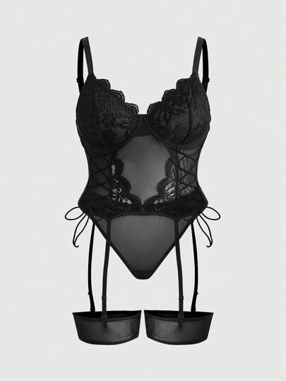 Goth Conjunto de lencería sexy de 4 piezas con diseño de cordón, encaje y malla para tallas grandes