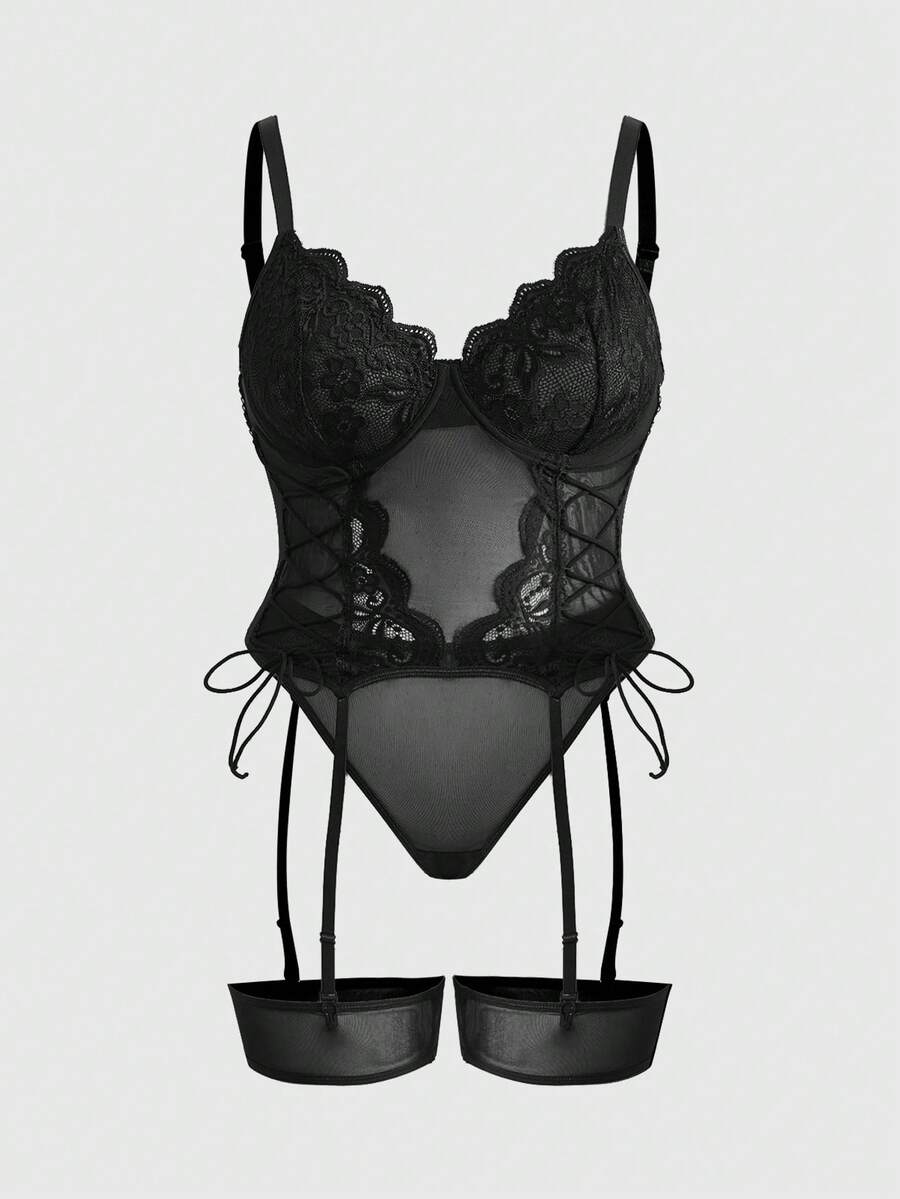 ROMWE Goth 4件套加大码蕾丝拼接网纱抽绳设计钢圈性感内衣套装 - 黑色 - 查看 1