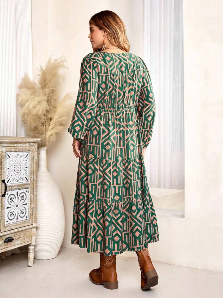 Vestido de manga larga con estampado geométrico de moda casual para mujer de talla grande