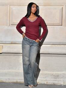 Mima John Women Casual Wine Red Contrast Trim V-Neck Long Sleeve Simple Sweater, Casual Everyday Wear, Autumn/Winter,Tops For School - Burgundy - View 3