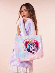 My Little Pony X SHEIN 1個可愛卡通角色紮染印花絨毛大容量便攜托特包，可肩背，可裝筆記型電腦，適合上學、通勤、休閒使用，適合女性、學生，暮光閃閃、彩虹衝刺、粉紅派、粉紅派、蘋果傑克、柔柔、友誼、禮物靈感 - 彩色 - 查看 2
