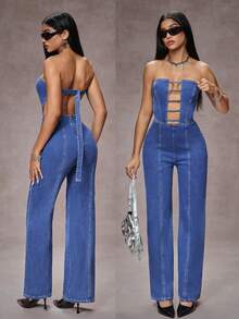 SHEIN EZwear Bộ đồ liền thân denim hở lưng gợi cảm thời trang nữ - Màu xanh lam - Xem 2