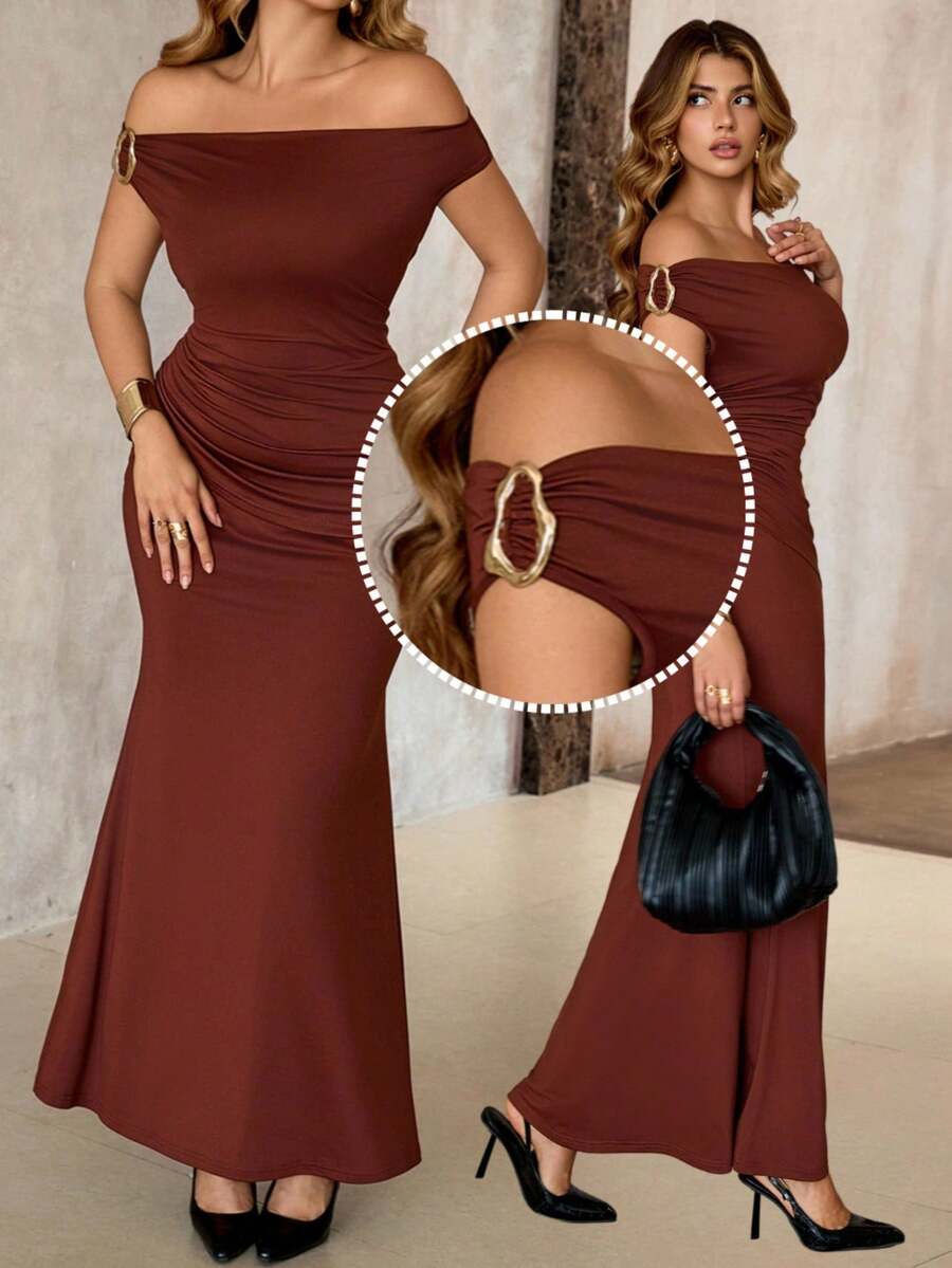 Roveilla 大码女士优雅复古纯色针织露肩无袖长款褶皱收腰修身连衣裙，适合家庭聚会和宴会等场合。 - 咖啡棕 - 查看 1