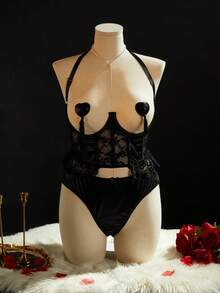 SpicyHot Plus Size Sexy Halter Lace Patchwork Satin Top + Panties + Nipple Covers 4-Piece Set - Black - View 3