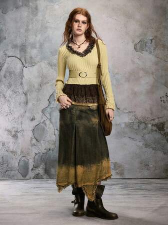 Fairycore Suéter ajustado de mujer con cuello en V vintage, con volantes, estampado de leopardo y parches de encaje