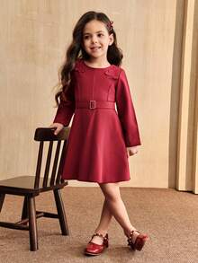 SHEIN Young Girl' Burgundy Long Sleeve Autumn/Winter Dress,Mommy And Me Matching Outfits,High-Waist Belt Midi Dress,Traditional Wedding Parent-Child Outfit - Burgundy - View 4