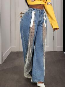 Slaydiva Women's Patchwork Fishnet Loose Fit Pocket Casual Wide Leg Jeans - Blue - View 5