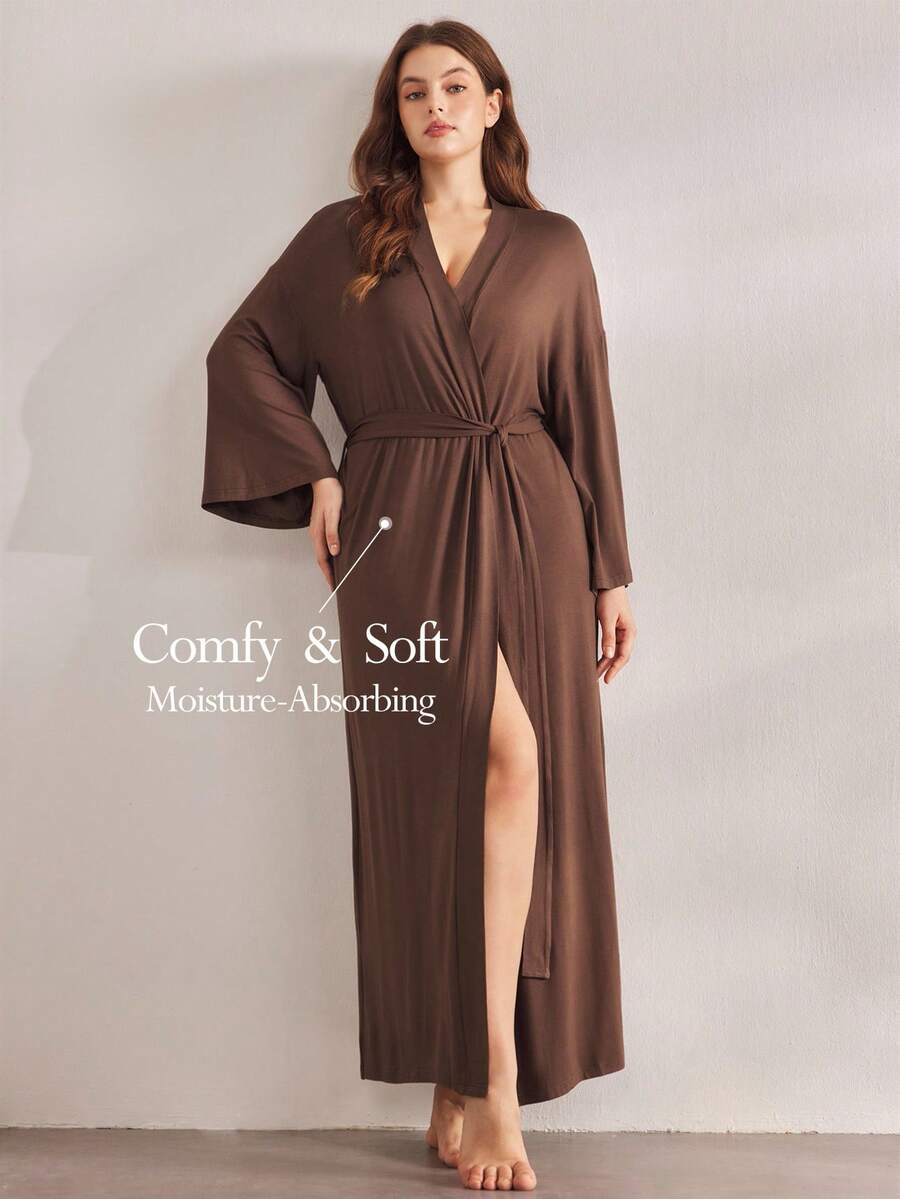 Ocili Leisure Soft & Simple Long Sleeve Plus Size Robe, Chic Autumn Easy Comfort Autumn Slumber, Cozy Outfit, Fall & Winter - Coffee Brown - View 1