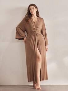 Ocili Leisure Soft & Simple Long Sleeve Plus Size Robe, Chic Autumn Easy Comfort Autumn Slumber, Cozy Outfit, Fall & Winter - Brown - View 8