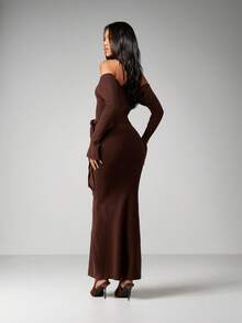 MISSGUIDED Đầm Maxi Dệt Kim Tay Dài Hở Vai Có Thắt Lưng Buộc Cho Những Buổi Tối - Cà phê nâu - Xem 2