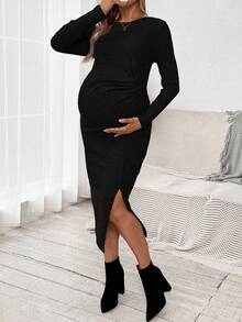 SHEIN Solid Color Fitted Comfortable Slit Hem Long Sleeve Maternity Dress Sexy Maternity Dress Pregnant Outfits Pregnant Dress Pregnancy Clothes - Black - View 5