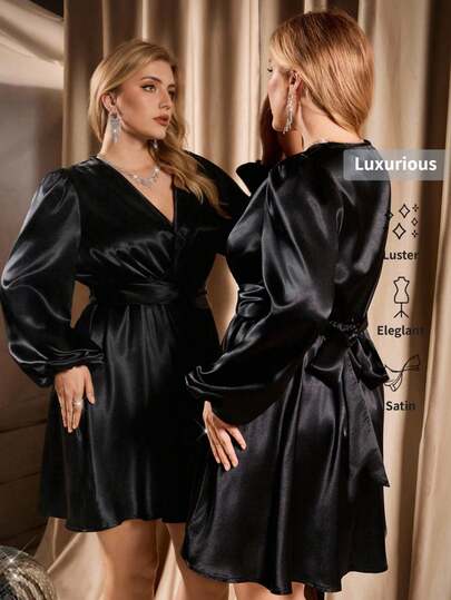 Auralis Sukienka z dekoltem w serek, skręconą talią, marszczonym dołem i krótkim, luźnym krojem z czarnej satyny, z długim rękawem, w dużym rozmiarze, odpowiednia na koncerty, występy, randki, formalne kolacje, gale, wesela, walentynki, imprezy, seksowne, dojazdy do pracy, jesień/zima