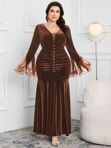 Modelyn 大码女式撞色网纱喇叭袖褶皱鱼尾下摆优雅连衣裙 - 咖啡棕 - 查看 6