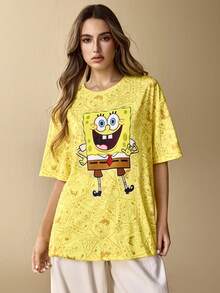 SpongeBob SquarePants | SHEIN 女士休闲宽松黄色卡通图案T恤，秋冬款 - 黃色 - 查看 3