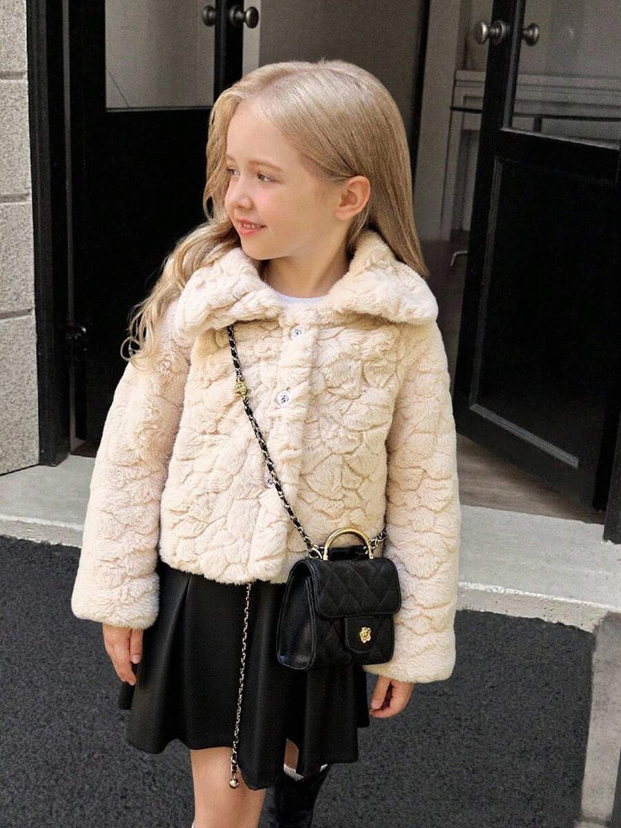 SHEIN Elladie kids 女童象牙色仿毛领长袖外套,时尚、保暖、百搭、舒适冬季儿童短外套 - 杏色 - 查看 1