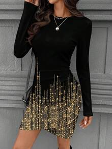 SHEIN LUNE Váy ngắn tay dài đính sequin lấp lánh dự tiệc bodycon eo nhún thanh lịch dành cho nữ, mùa thu/đông - Nhiều màu - Xem 3