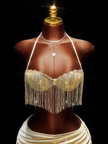 Amplova Sequin Tassel Crop Top & Ruffle Asymmetric Hem Mini Skirt 2 Pieces Set, Sexy Party Outfit - Gold - View 3