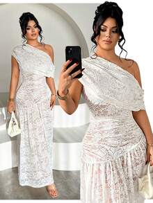 SHEIN SXY Vestido elegante y sexy de mujer con cuello asimétrico y encaje transparente