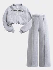 SHEIN 青少年撞色半拉链领罗纹下摆打底裤套装 - 灰色 - 查看 9
