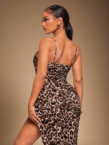 Radiana 性感优雅复古修身连衣裙，豹纹褶皱侧开衩下摆细肩带连衣裙，适合舞会、情人节 - 彩色 - 查看 9