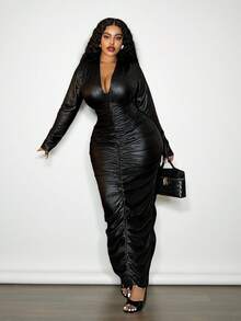 Slaydiva Autumn/Winter New Arrival Y2K Vintage Elegant Refined Basic Daily Cocktail Party Holiday Commute Plus Size Luxurious Party Solid Color Bodycon Deep V-Neck Ruched PU Maxi Dress For Women - Black - Black - View 15