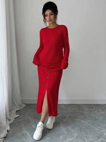 Elenzga 两件套女士休闲长袖上衣和迷你裙套装