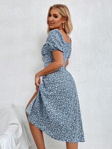 Breezaya Elegant Romantic-Ditsy Floral Print Split Thigh Tie Front Dress - Blue and White - View 2