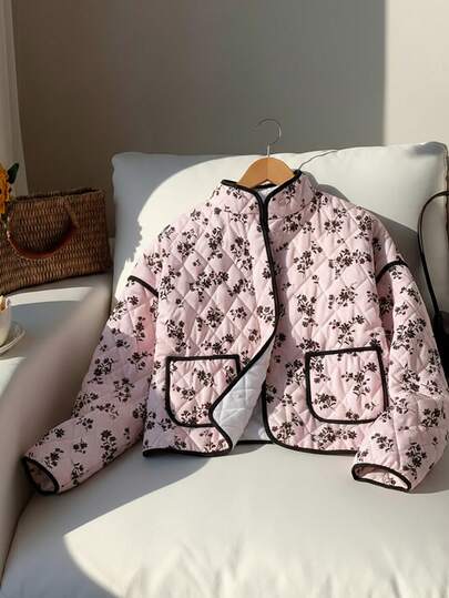 1 Piece, Teen Girls Vintage French-Style Jacket With Diamond-Quilted Craft & Muted Floral Pattern, Long-Sleeve Stand-Collar Cropped Coat, Cotton-Padded Thick Thermal Lined, Elegant Retro Contrast-Trim Loose Top, For Daily Outings/Light Commuting, Autumn & Winter